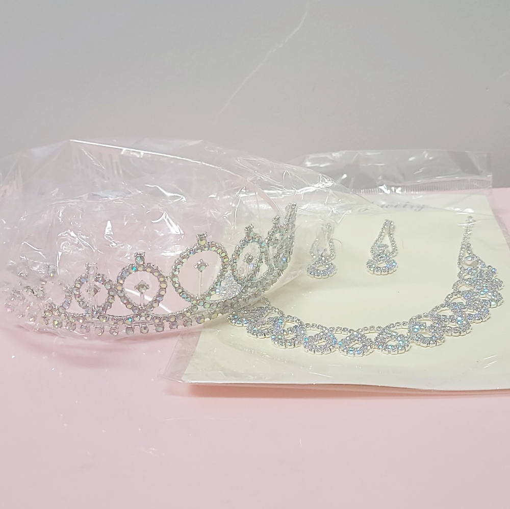AB Crystal Crown and Necklace Earring Set